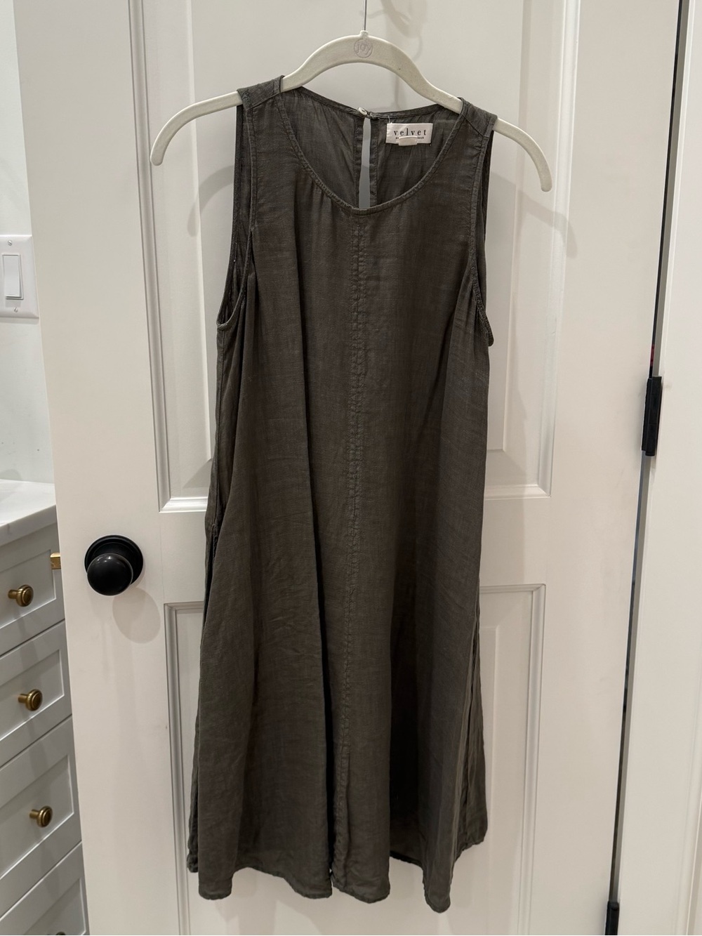 Velvet Sleeveless A-Line Dress in Olive Green